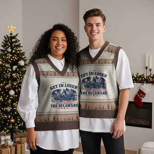 Get In Loser We're Crossing The Delaware Retro V-Neck Knit Sweater Vest Distressed George Washington Boat Scene Patriotic American Revolution Humor TS02 Mocha Mousse Print Your Wear