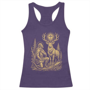 Saint Hubert Patron Saint of Hunters Vintage Woodcut Racerback Tank Top Catholic Faith and Hunting Heritage Gift