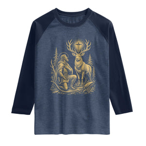 Saint Hubert Patron Saint of Hunters Vintage Woodcut Raglan Shirt Catholic Faith and Hunting Heritage Gift