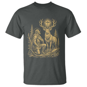 Saint Hubert Patron Saint of Hunters Vintage Woodcut T Shirt Catholic Faith and Hunting Heritage Gift