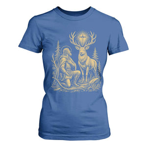 Saint Hubert Patron Saint of Hunters Vintage Woodcut T Shirt For Women Catholic Faith and Hunting Heritage Gift