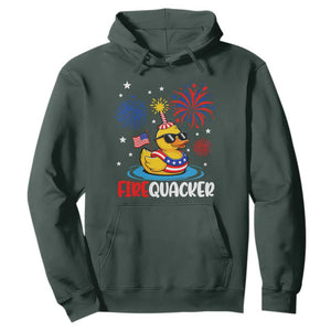 Firequacker Funny Patriotic Rubber Duck Hoodie Cool American Flag Sunglasses and Stars Swim Ring Summer Fireworks TS02 Dark Forest Green Print Your Wear