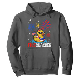 Firequacker Funny Patriotic Rubber Duck Hoodie Cool American Flag Sunglasses and Stars Swim Ring Summer Fireworks TS02 Dark Heather Print Your Wear