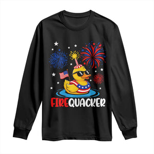 Firequacker Funny Patriotic Rubber Duck Long Sleeve Shirt Cool American Flag Sunglasses and Stars Swim Ring Summer Fireworks TS02 Black Print Your Wear