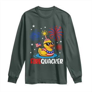 Firequacker Funny Patriotic Rubber Duck Long Sleeve Shirt Cool American Flag Sunglasses and Stars Swim Ring Summer Fireworks TS02 Dark Forest Green Print Your Wear