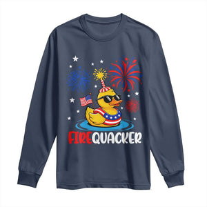 Firequacker Funny Patriotic Rubber Duck Long Sleeve Shirt Cool American Flag Sunglasses and Stars Swim Ring Summer Fireworks TS02 Navy Print Your Wear