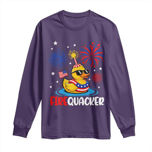 Firequacker Funny Patriotic Rubber Duck Long Sleeve Shirt Cool American Flag Sunglasses and Stars Swim Ring Summer Fireworks TS02 Purple Print Your Wear