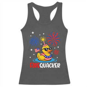 Firequacker Funny Patriotic Rubber Duck Racerback Tank Top Cool American Flag Sunglasses and Stars Swim Ring Summer Fireworks TS02 Dark Heather Print Your Wear