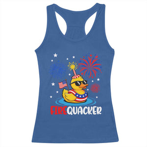 Firequacker Funny Patriotic Rubber Duck Racerback Tank Top Cool American Flag Sunglasses and Stars Swim Ring Summer Fireworks TS02 Royal Blue Print Your Wear