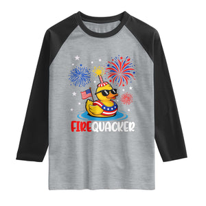 Firequacker Funny Patriotic Rubber Duck Raglan Shirt Cool American Flag Sunglasses and Stars Swim Ring Summer Fireworks TS02 Heather Gray Black Print Your Wear