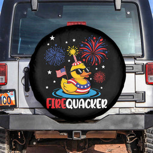 Firequacker Funny Patriotic Rubber Duck Spare Tire Cover Cool American Flag Sunglasses and Stars Swim Ring Summer Fireworks TS02 No hole Black Print Your Wear