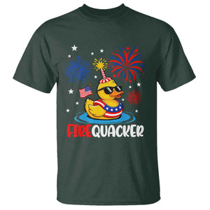 Firequacker Funny Patriotic Rubber Duck T Shirt Cool American Flag Sunglasses and Stars Swim Ring Summer Fireworks TS02 Dark Forest Green Print Your Wear
