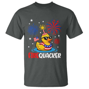 Firequacker Funny Patriotic Rubber Duck T Shirt Cool American Flag Sunglasses and Stars Swim Ring Summer Fireworks TS02 Dark Heather Print Your Wear