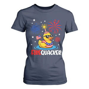 Firequacker Funny Patriotic Rubber Duck T Shirt For Women Cool American Flag Sunglasses and Stars Swim Ring Summer Fireworks TS02 Navy Print Your Wear