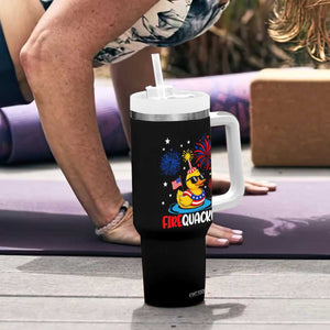 Firequacker Funny Patriotic Rubber Duck Tumbler With Handle Cool American Flag Sunglasses and Stars Swim Ring Summer Fireworks TS02 Print Your Wear