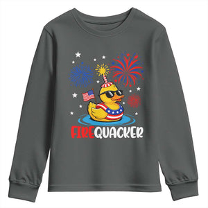 Firequacker Funny Patriotic Rubber Duck Youth Sweatshirt Cool American Flag Sunglasses and Stars Swim Ring Summer Fireworks TS02 Dark Heather Print Your Wear
