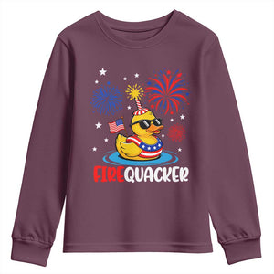 Firequacker Funny Patriotic Rubber Duck Youth Sweatshirt Cool American Flag Sunglasses and Stars Swim Ring Summer Fireworks TS02 Maroon Print Your Wear