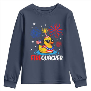 Firequacker Funny Patriotic Rubber Duck Youth Sweatshirt Cool American Flag Sunglasses and Stars Swim Ring Summer Fireworks TS02 Navy Print Your Wear
