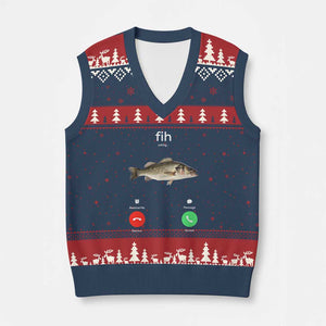 Fih Calling Funny Fish V-Neck Knit Sweater Vest Fishing Lover Hilarious Phone Call Parody TS02 Navy Red Print Your Wear