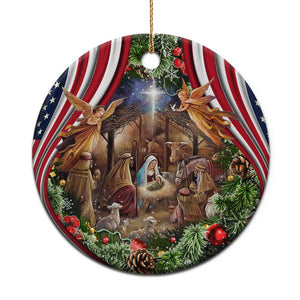 Patriotic Nativity Scene Christmas Ceramic Ornament American Flag Christian Christmas Baby Jesus and Angels Under the Star TS02 Print Your Wear