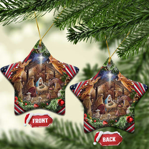 Patriotic Nativity Scene Christmas Ceramic Ornament American Flag Christian Christmas Baby Jesus and Angels Under the Star TS02 Star Christmas Print Your Wear