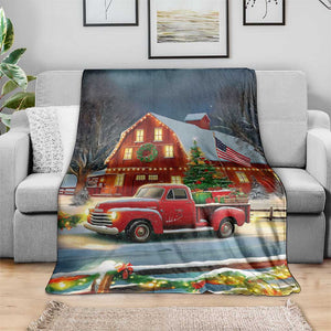 Vintage Red Truck Christmas Throw Blanket Patriotic Holiday Country Barn with Wreath American Flag TS02 Print Your Wear