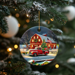 Vintage Red Truck Christmas Christmas Ceramic Ornament Patriotic Holiday Country Barn with Wreath American Flag TS02 Print Your Wear