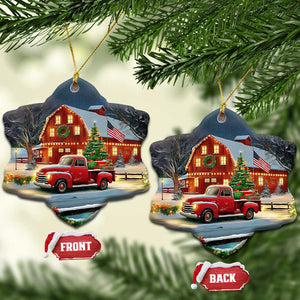 Vintage Red Truck Christmas Christmas Ceramic Ornament Patriotic Holiday Country Barn with Wreath American Flag TS02 Snow Flake Christmas Print Your Wear