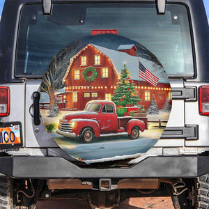 Vintage Red Truck Christmas Spare Tire Cover Patriotic Holiday Country Barn with Wreath American Flag TS02 No hole Christmas Print Your Wear