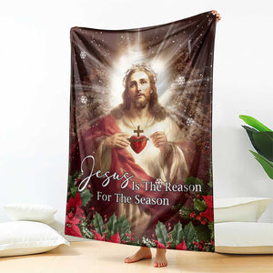 Sacred Heart of Jesus Christmas Throw Blanket Jesus Is the Reason for the Season Radiant Glow Poinsettias TS02 Print Your Wear