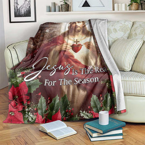 Sacred Heart of Jesus Christmas Throw Blanket Jesus Is the Reason for the Season Radiant Glow Poinsettias TS02 Print Your Wear