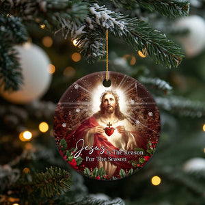 Sacred Heart of Jesus Christmas Christmas Ceramic Ornament Jesus Is the Reason for the Season Radiant Glow Poinsettias TS02 Print Your Wear