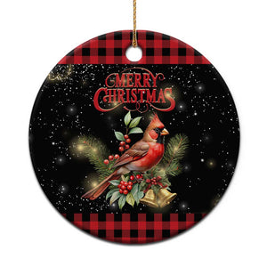 Merry Christmas Cardinal Christmas Ceramic Ornament Buffalo Plaid Holiday Redbird Holly and Bells TS02 Print Your Wear