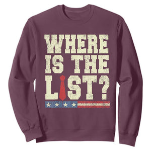Where Is The List Sweatshirt Funny Political Conspiracy Parody TS02 Maroon Print Your Wear