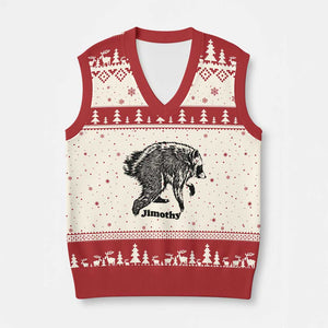 Jimothy Viral Seattle Raccoon Vintage Woodcut Style Graphic V-Neck Knit Sweater Vest Funny Trash Panda Wildlife Meme