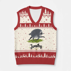 Cute Running Jimothy the Raccoon V-Neck Knit Sweater Vest Viral Seattle Trash Panda Meme TS02 Beige Red Print Your Wear