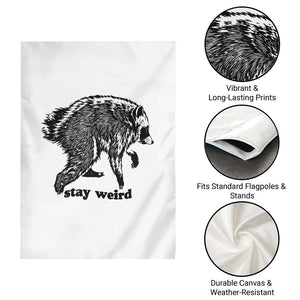 Stay Weird Jimothy the Raccoon Vintage Woodcut Style Graphic Garden Flag Funny Seattle Trash Panda Meme