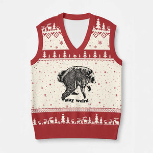 Stay Weird Jimothy the Raccoon Vintage Woodcut Style Graphic V-Neck Knit Sweater Vest Funny Seattle Trash Panda Meme