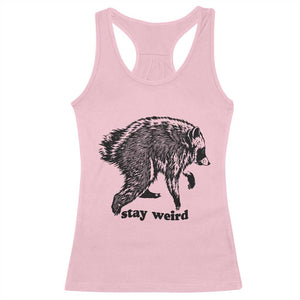 Stay Weird Jimothy the Raccoon Vintage Woodcut Style Graphic Racerback Tank Top Funny Seattle Trash Panda Meme