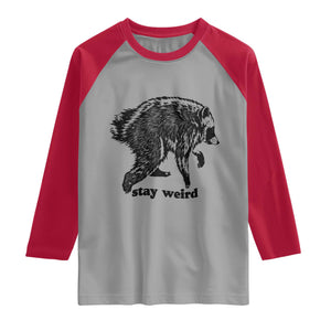 Stay Weird Jimothy the Raccoon Vintage Woodcut Style Graphic Raglan Shirt Funny Seattle Trash Panda Meme