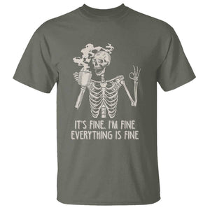 Funny Skeleton T Shirt It's Fine I'm Fine Everything's Fine Never Better Drinking Coffee TS02 Military Green Print Your Wear