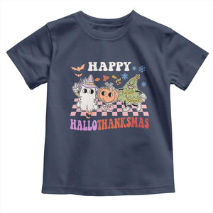 Happy HalloThanksMas Baby Shirt Halloween Thanksgiving Christmas Retro Groovy Cute TS02 Navy Print Your Wear