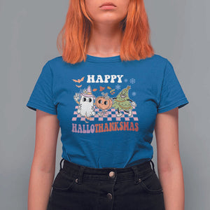 Happy HalloThanksMas T Shirt For Women Halloween Thanksgiving Christmas Groovy TS02 Royal Blue Print Your Wear