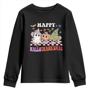 Happy HalloThanksMas Youth Sweatshirt Halloween Thanksgiving Christmas Retro Groovy Cute TS02 Black Print Your Wear