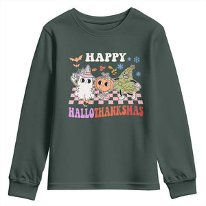 Happy HalloThanksMas Youth Sweatshirt Halloween Thanksgiving Christmas Retro Groovy Cute TS02 Dark Forest Green Print Your Wear