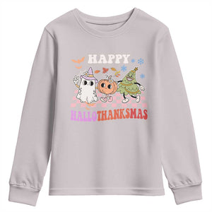 Happy HalloThanksMas Youth Sweatshirt Halloween Thanksgiving Christmas Retro Groovy Cute TS02 Ice Gray Print Your Wear