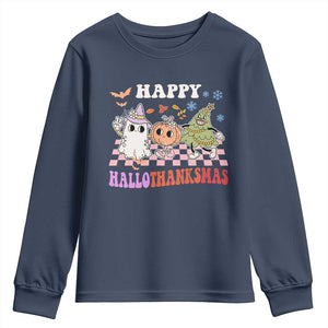 Happy HalloThanksMas Youth Sweatshirt Halloween Thanksgiving Christmas Retro Groovy Cute TS02 Navy Print Your Wear