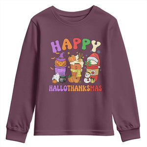 Happy HalloThanksMas Latte Youth Sweatshirt Halloween Thanksgiving Christmas TS02 Maroon Print Your Wear