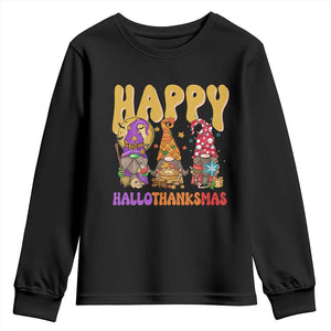 Happy HalloThanksMas Gnomes Youth Sweatshirt Halloween Thanksgiving Christmas TS02 Black Print Your Wear