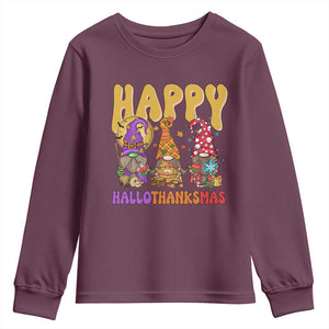 Happy HalloThanksMas Gnomes Youth Sweatshirt Halloween Thanksgiving Christmas TS02 Maroon Print Your Wear